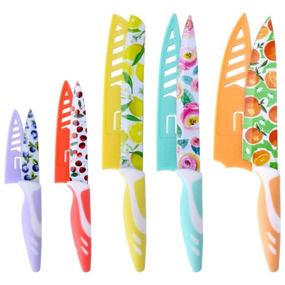 10 pc - Multicolored Fruit Kitchen Knife Set - Nonstick w/ 5 Blade Guards - Picture 7 of 11